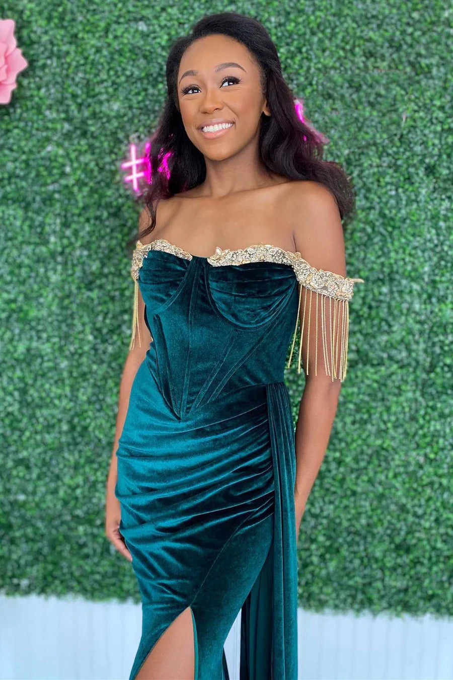Velvet Off-the-Shoulder Fringe Long Prom Dress