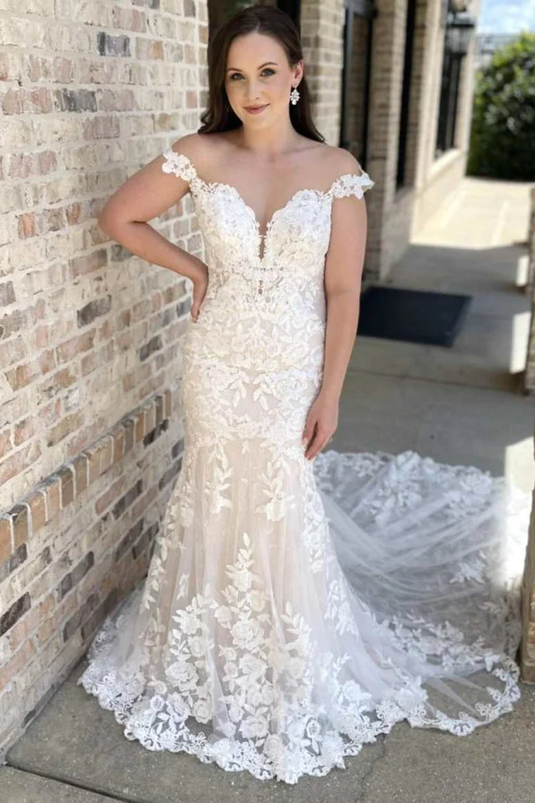 Off-the-Shoulder White Lace Backless Mermaid Long Wedding Gown