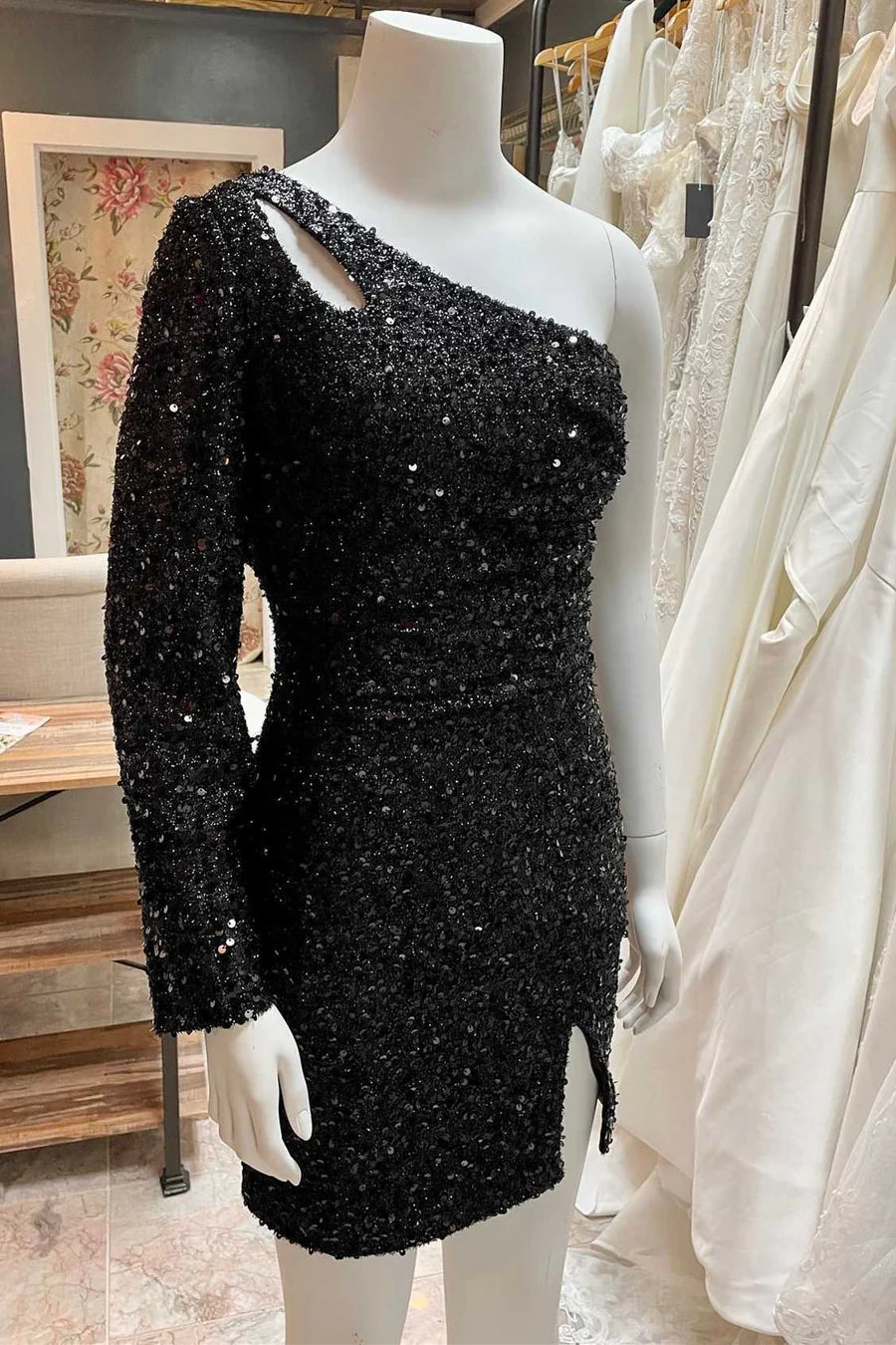 Sequin One-Sleeve Keyhole Short Party Dress