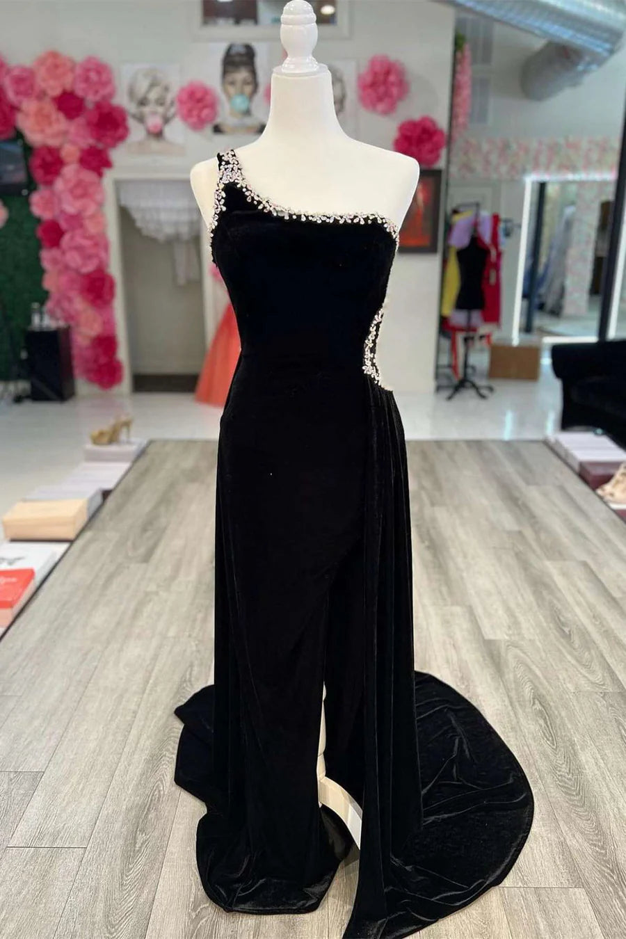 Velvet One-Shoulder Beaded Long Formal Dress