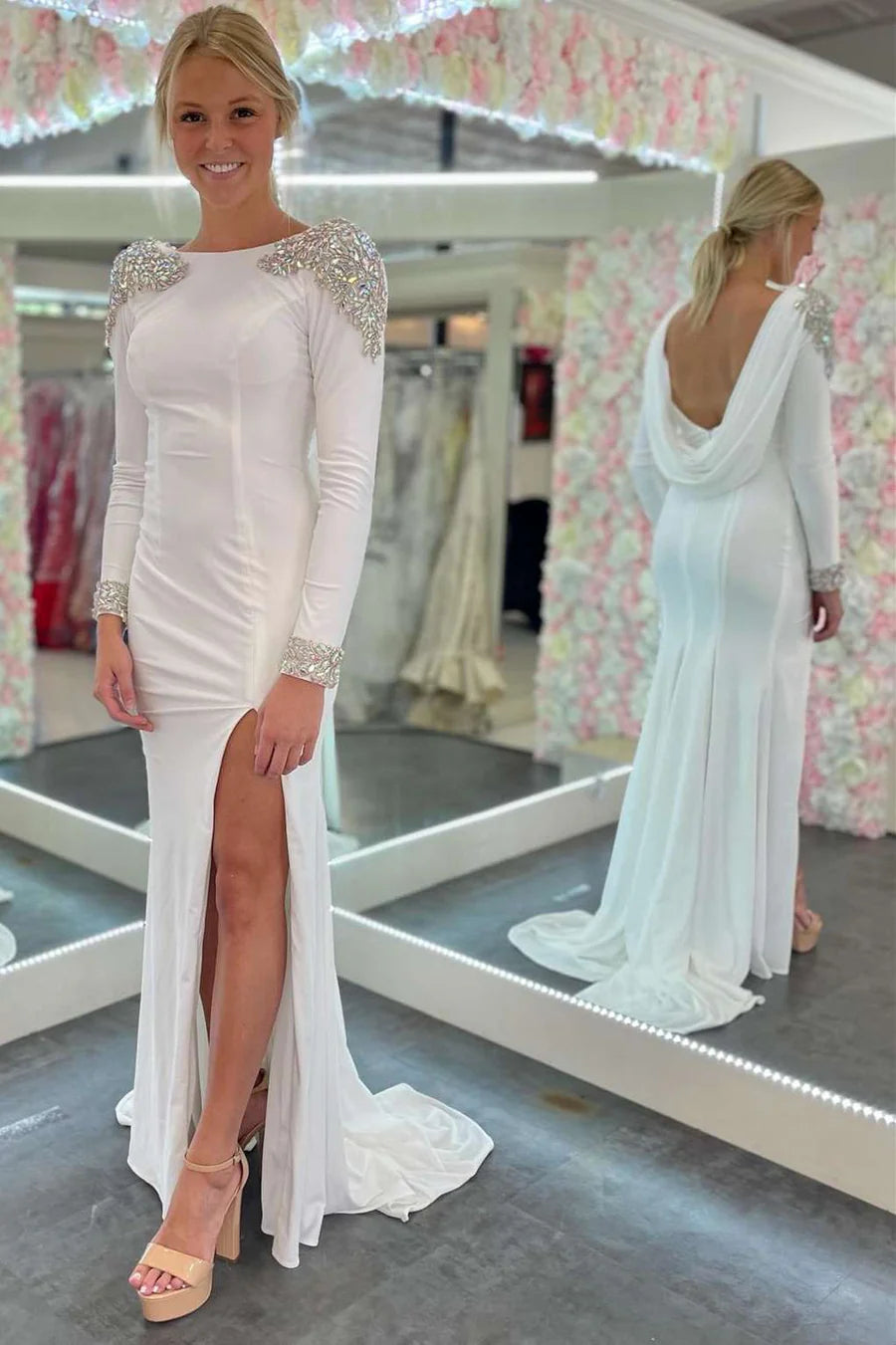 Open Back Long Sleeve Beaded Formal Dress with Slit