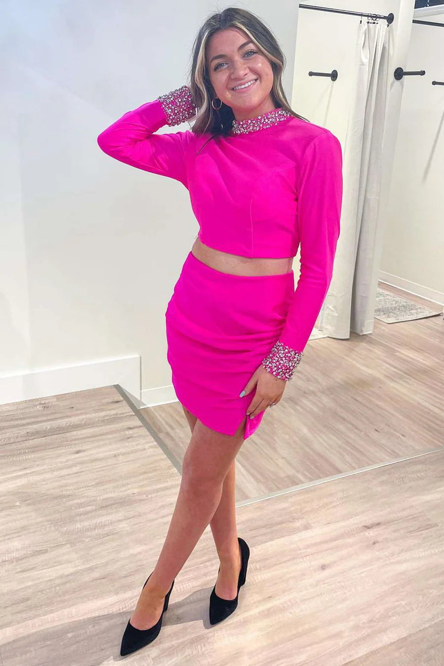 Two-Piece Hot Pink Open Back Long Sleeve Homecoming Dresses