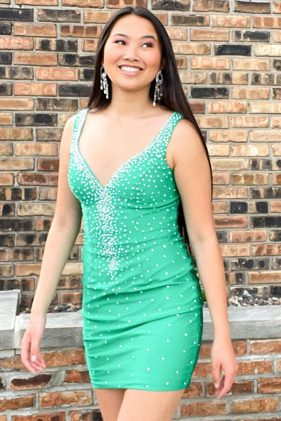 Beaded V-Neck Lace-Up Fitted Cocktail Gown