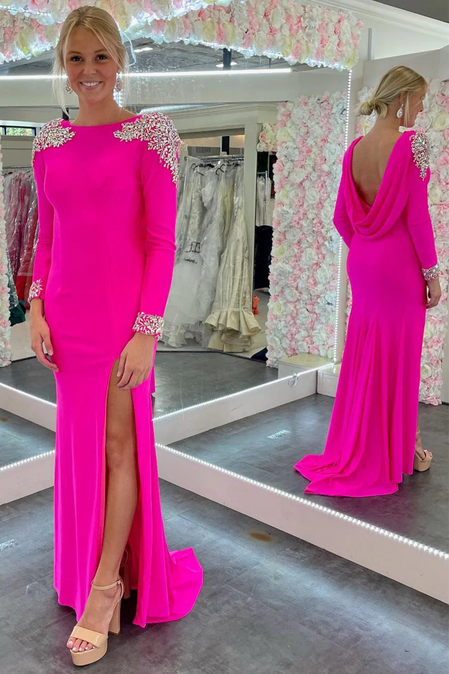 Open Back Long Sleeve Beaded Formal Dress with Slit