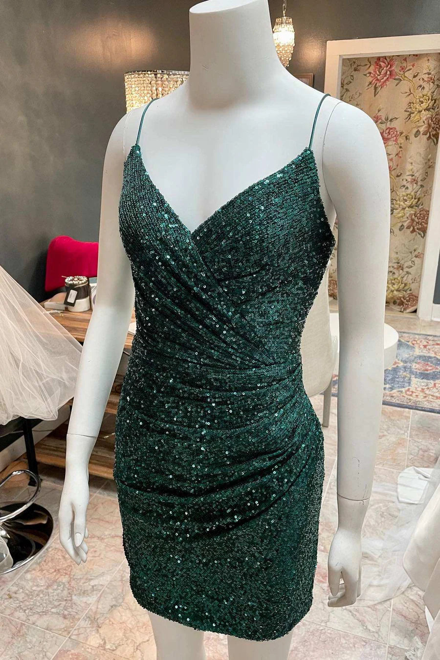 Sequin Spaghetti Straps Ruched Cocktail Dress