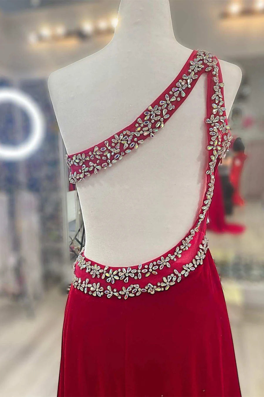 Velvet One-Shoulder Beaded Long Formal Dress