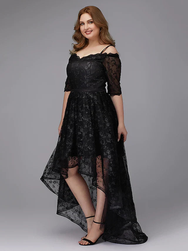 DingjiA-Line Plus Size Cocktail Party Prom Dress Spaghetti Strap Half Sleeve Asymmetrical Lace with Pleats Lace Insert