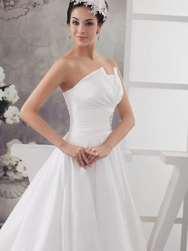 DingjiA-Line Wedding Dresses Strapless Chapel Train Satin Strapless with Ruched Beading Draping