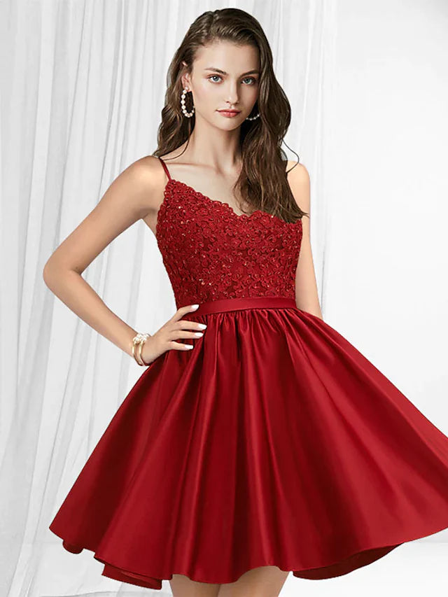 DingjiA-Line Minimalist Sexy Homecoming Party Wear Dress V Neck Spaghetti Strap Sleeveless Short Mini Lace Satin with Pleats