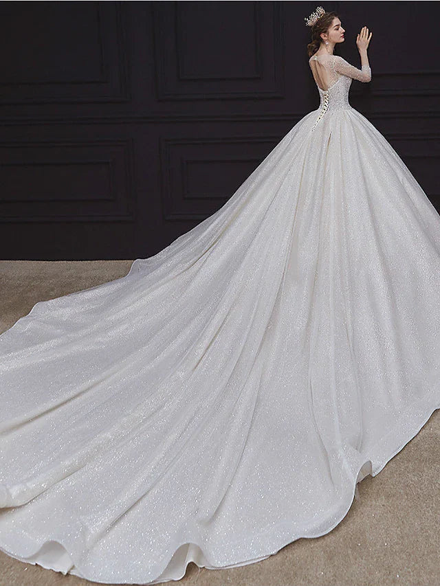 DingjiPrincess Ball Gown Wedding Dresses Jewel Neck Chapel Train Lace Tulle Sequined Long Sleeve Formal Romantic Luxurious Sparkle & Shine with Beading Sequin