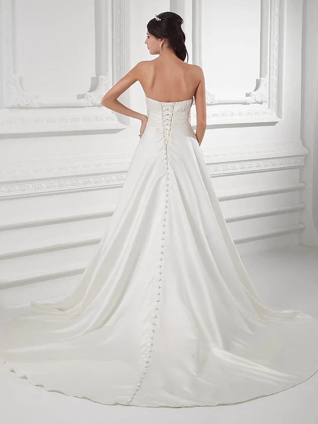 DingjiA-Line Wedding Dresses Sweetheart Neckline Court Train Satin Strapless with Buttons Ruched Beading