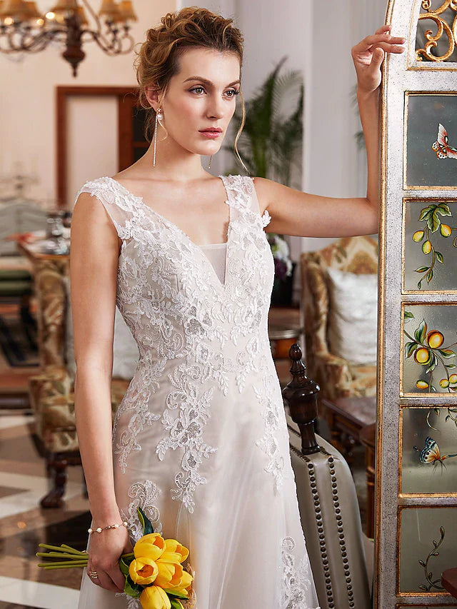 DingjiA-Line Wedding Dresses V Neck Court Train Lace Tulle Regular Straps Romantic Illusion Detail with Beading Appliques