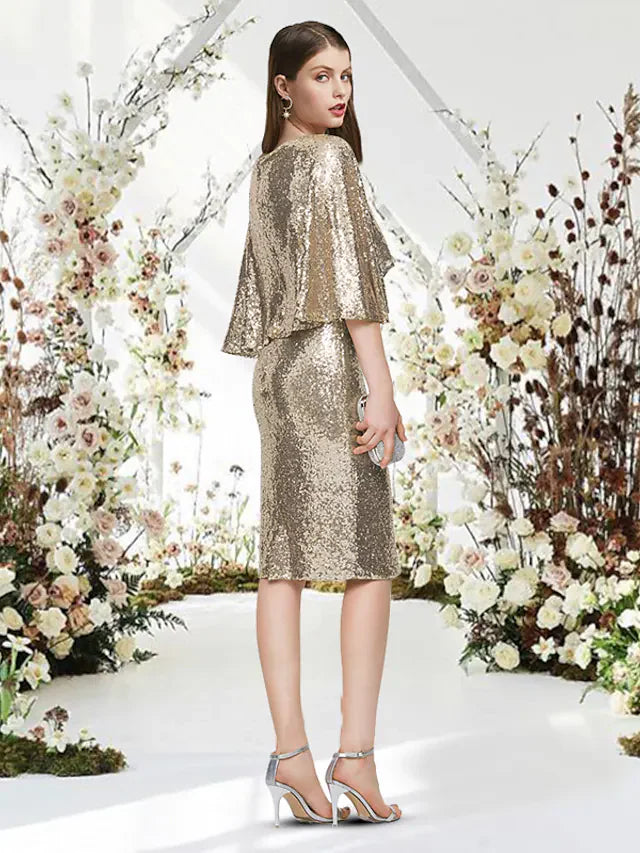 DingjiGlittering Sparkle Graduation Cocktail Party Dress V Neck Half Sleeve Knee Length Sequined with Sleek