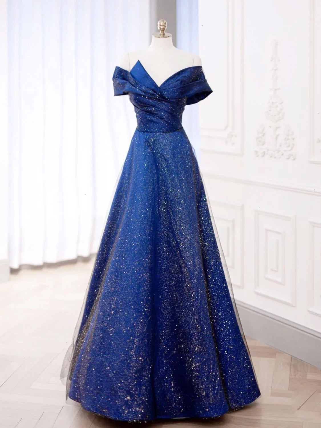 Tulle Satin Dark Blue Long Prom Dress Blue Formal Evening Dress