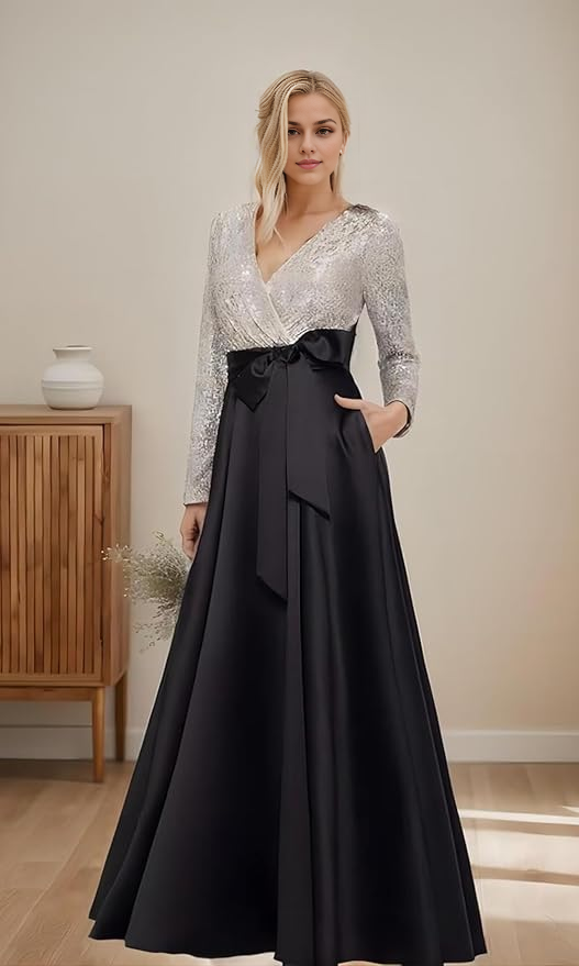 DingJi Wedding Satin Shining Long Sleeve Ball Dress with Pocket V-neck Split Women's Formal Wedding Guest Dress
