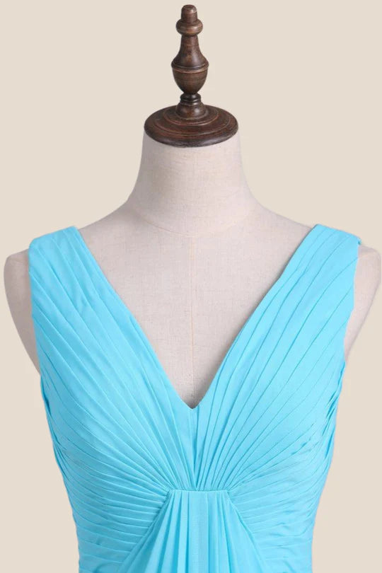 V Neck Blue Chiffon A-line Long Bridesmaid Dress