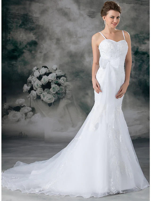 DingjiWedding Dresses Sweetheart Neckline Chapel Train Lace Organza Satin Spaghetti Strap with Sashes Ribbons Bow(s) Beading