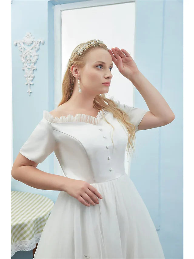 DingjiBall Gown Plus Size Elegant Quinceanera Prom Dress Off Shoulder Short Sleeve Tea Length Tulle with Buttons