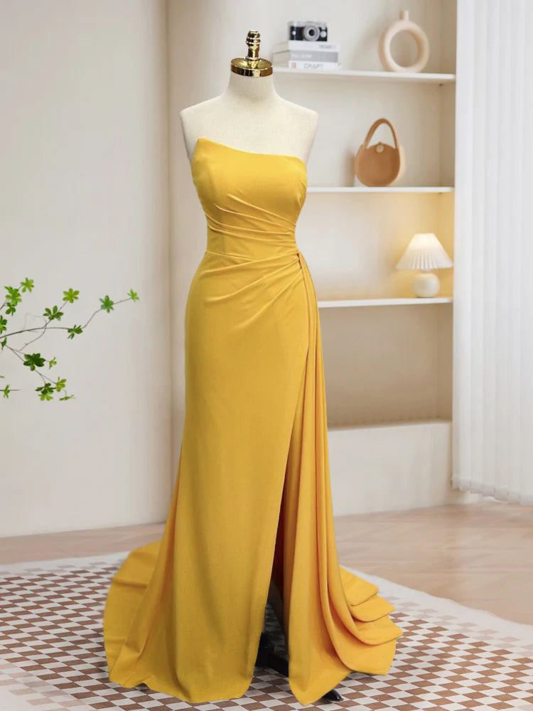Yellow Satin Long Prom Dress Yellow Formal Dress