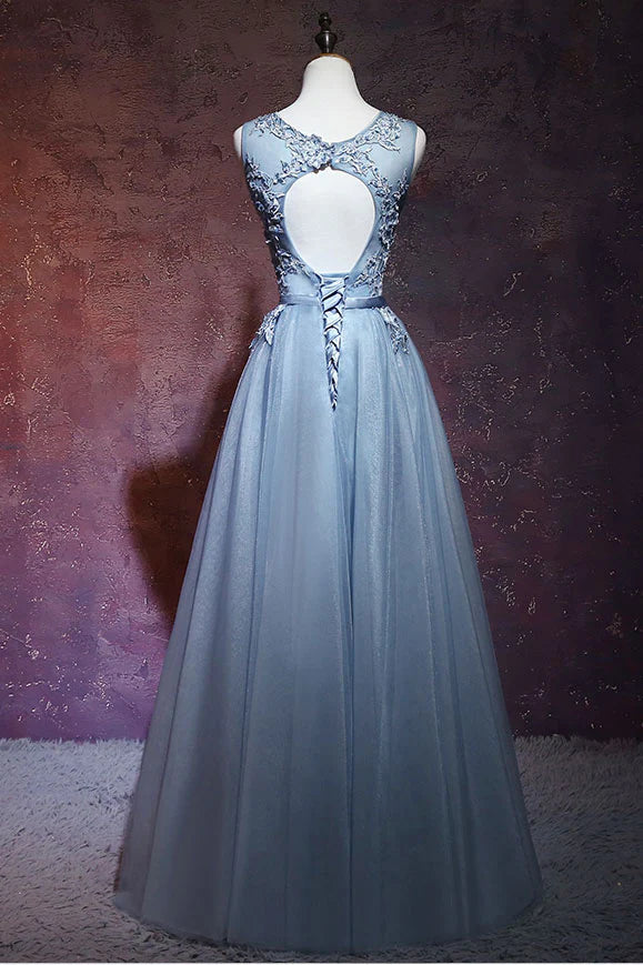 Gray blue tulle lace long prom dress blue tulle evening dress