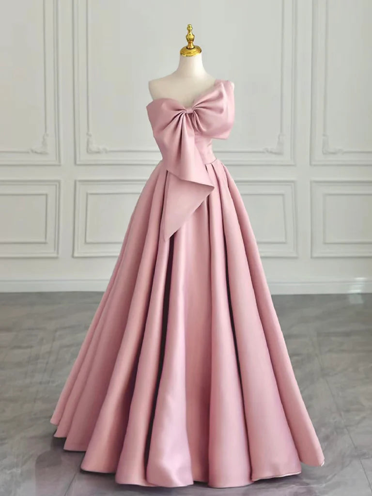 A-Line Sweetheart Neck Satin Pink Long Prom Dress