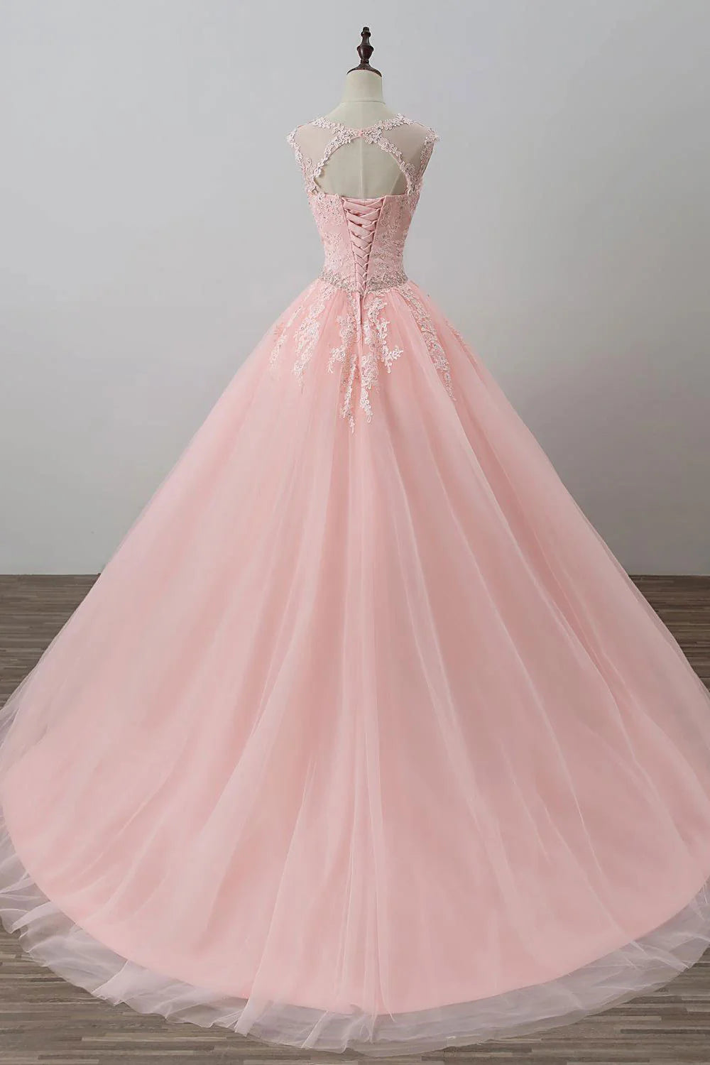 Pink round neck tulle lace long prom dress pink tulle evening dress