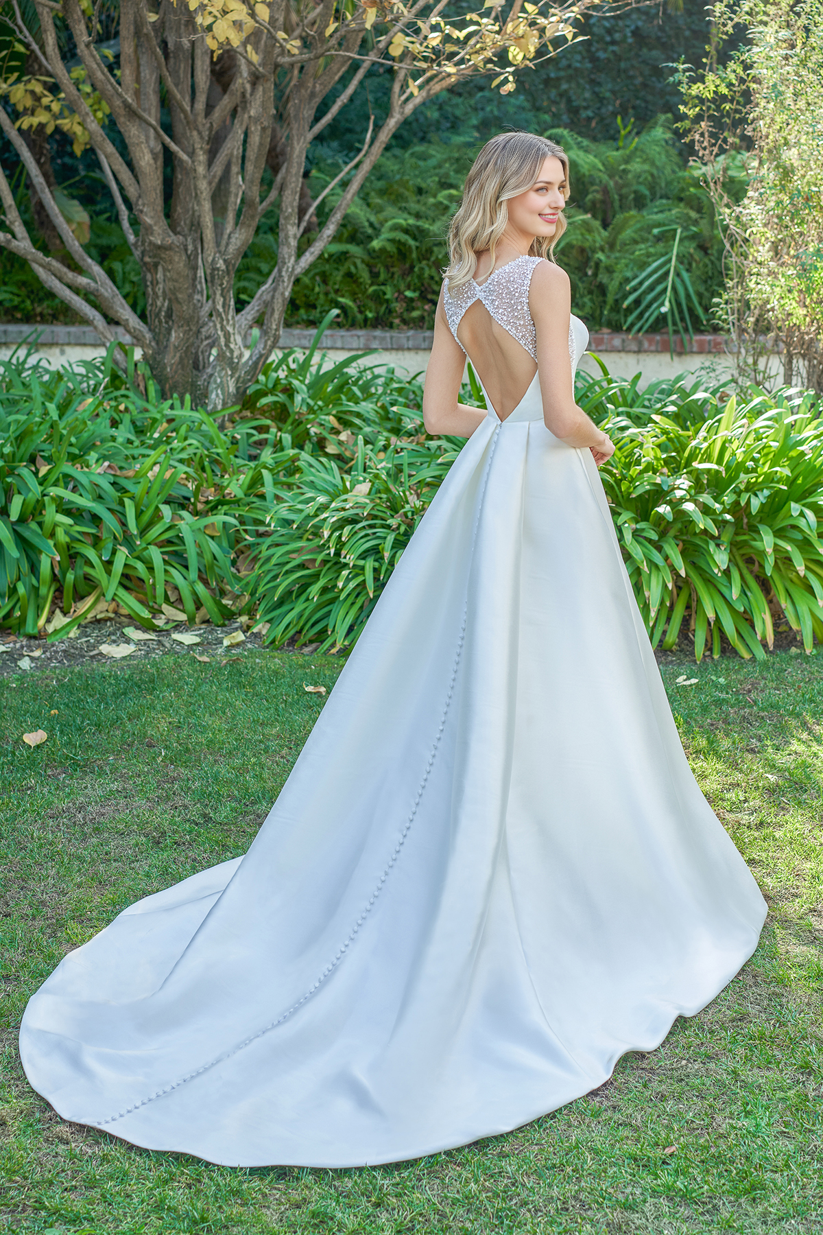 A-line square neckline sleeveless beaded backless and floor length wedding dress