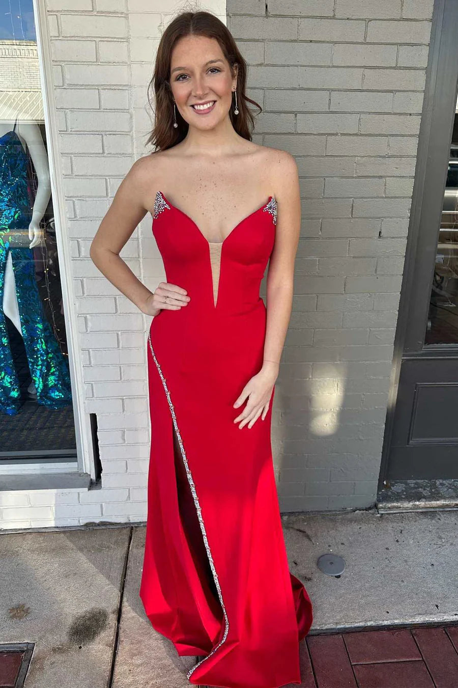 Bead-Trimmed Strapless Long Formal Dress with Slit