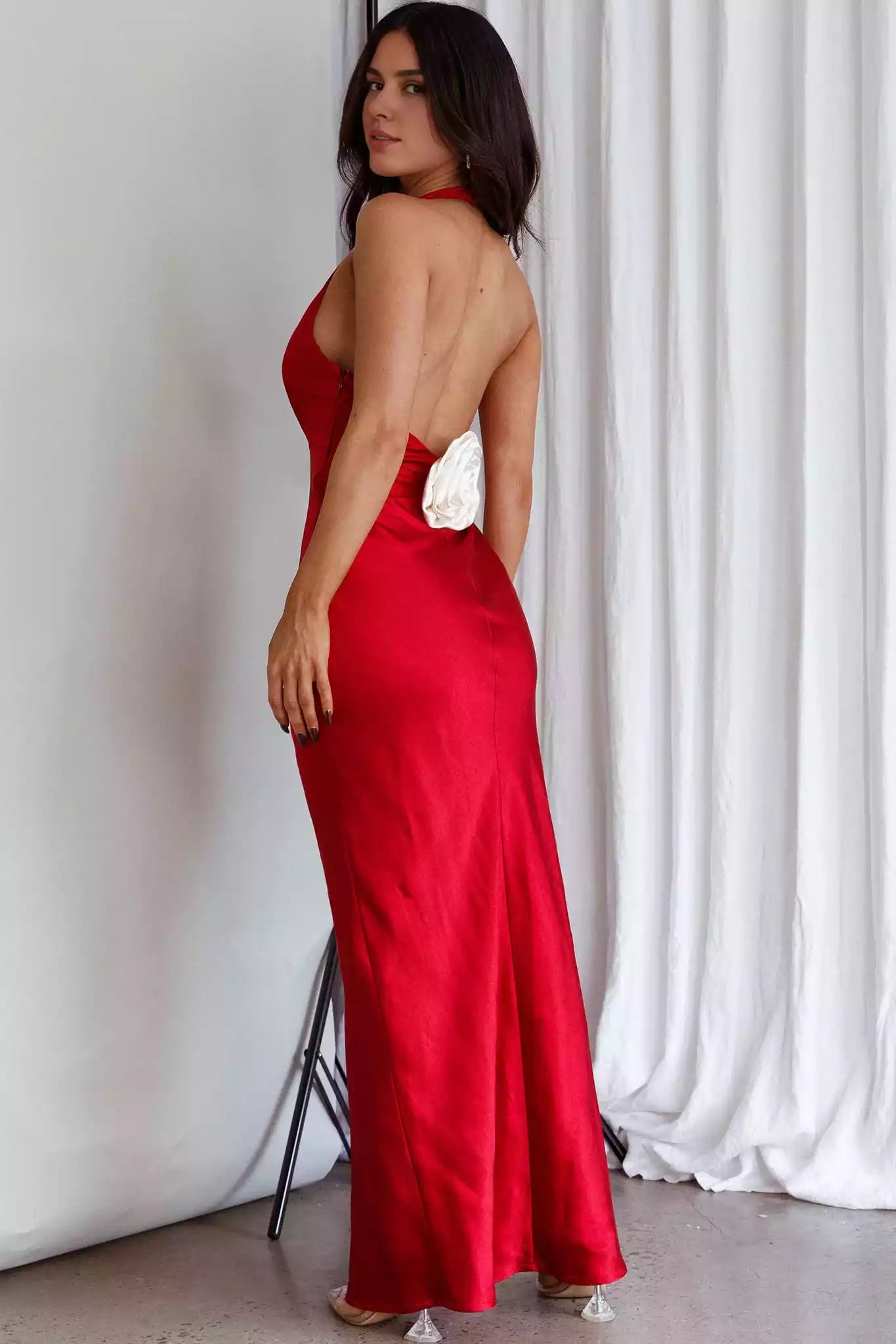 Absolutely stunning satin bust with lining and neck hanging style, tight corset with zipper on the side Prom Dresses