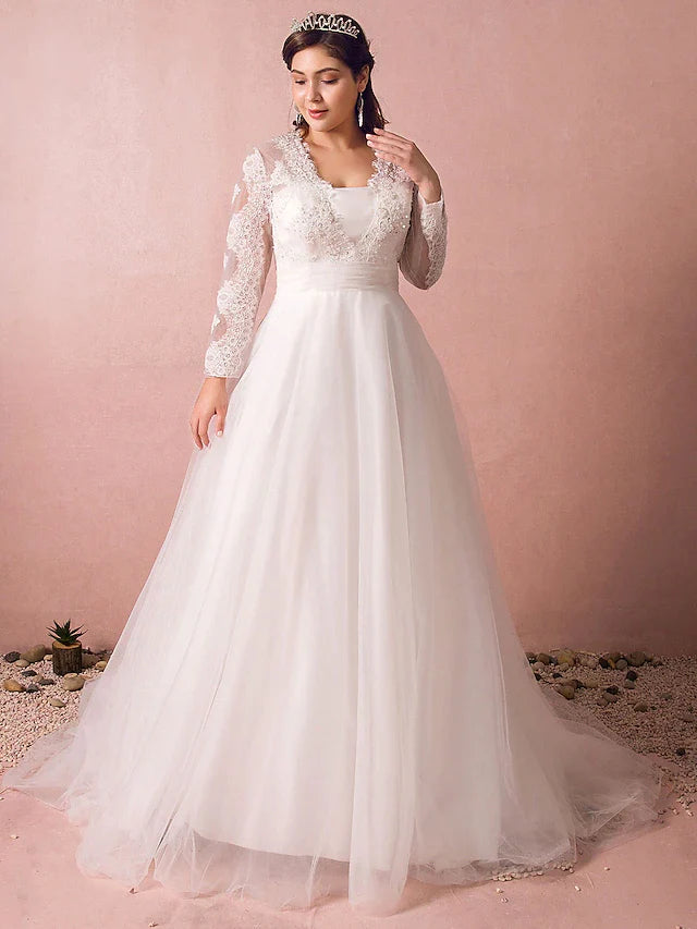 A-Line Wedding Dresses Jewel Neck Court Train Lace Long Sleeve Country Illusion Sleeve