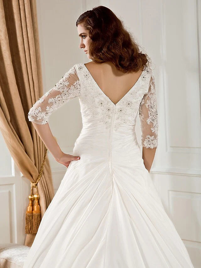 Ball Gown Wedding Dresses V Neck Chapel Train Taffeta Half Sleeve See-Through with Ruched Beading Appliques