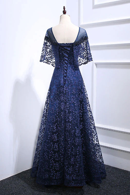 Dark blue lace long prom dress blue lace evening dress