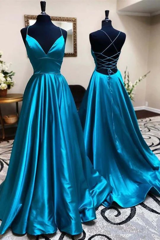 Minimalist A-Line Pleated Teal Blue V-Neck Lace-Up Long Formal Dress