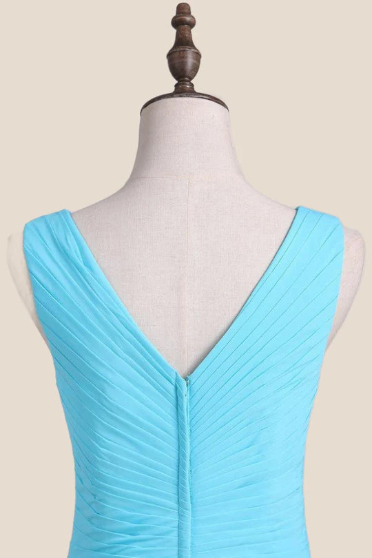 V Neck Blue Chiffon A-line Long Bridesmaid Dress
