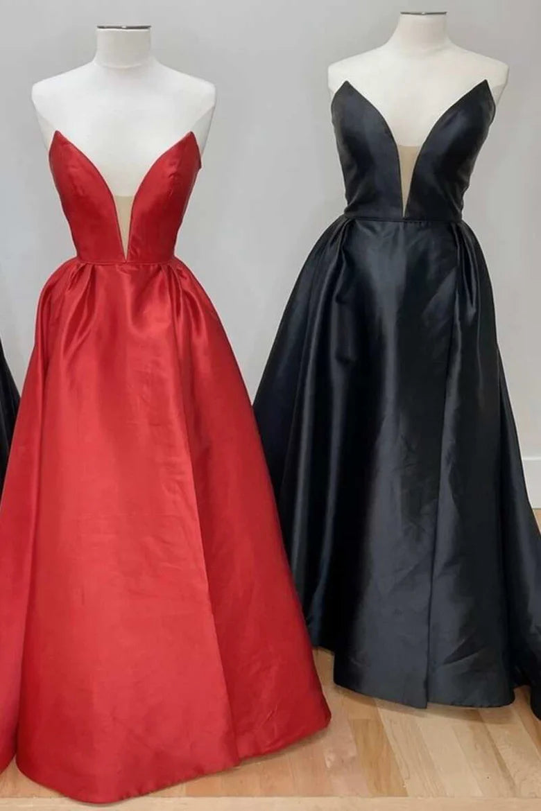 Satin V-Neck Strapless A-Line Prom Dress