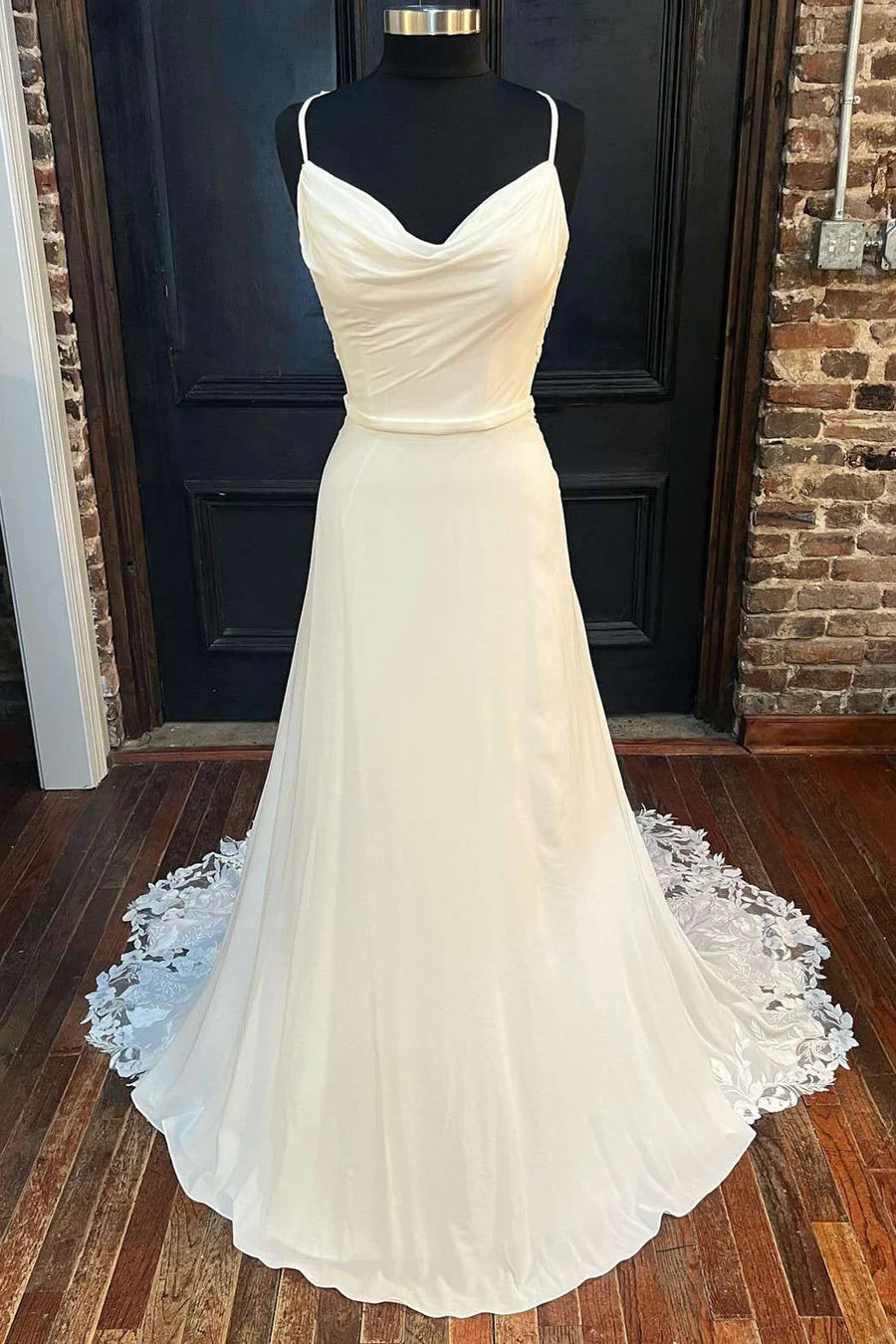 Cowl Neck Cutout Back Lace-Trimmed Long Wedding Dress