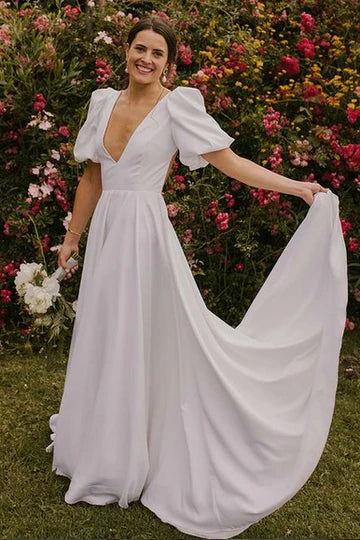 Puff Sleeves Plunge Neck Long Wedding Dress