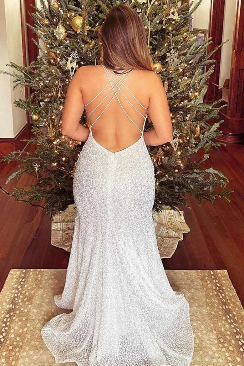Sequin Halter Backless Long Formal Dress