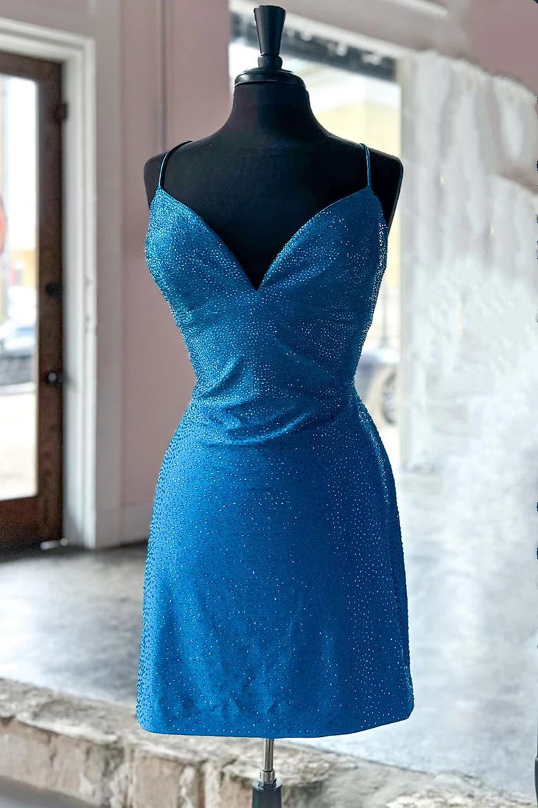 V-Neck Lace-Up Homecoming Dresses