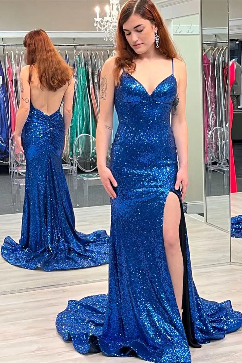 Sequin V-Neck Backless Mermaid Long Prom Gown with Slit