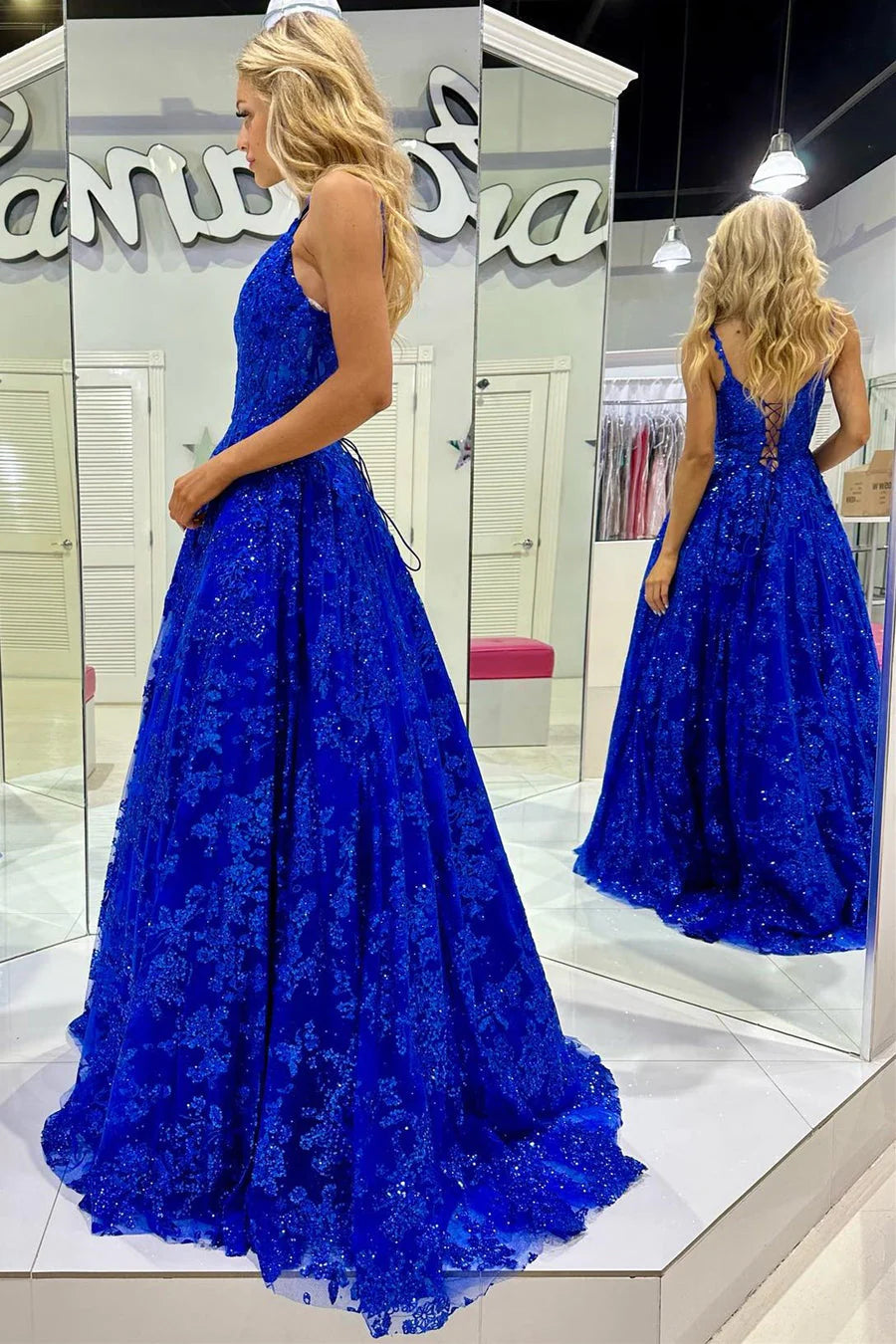 Royal Blue Sequin Lace V-Neck A-Line Long Prom Dress