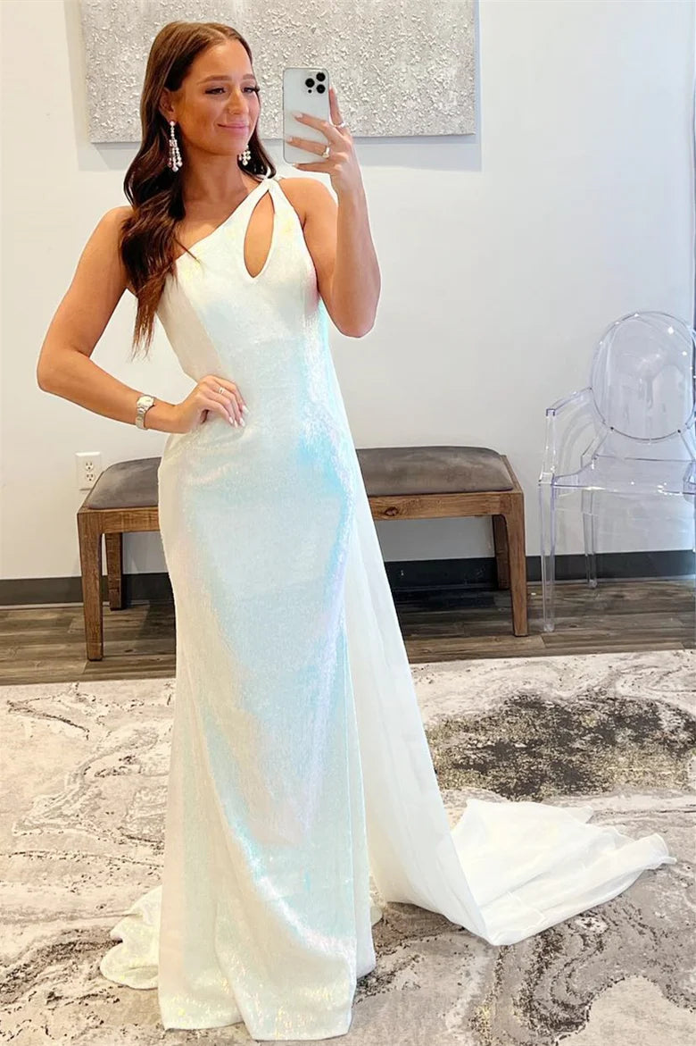 Sequins One-Shoulder Cut-Out Long Prom Dress with Scarf