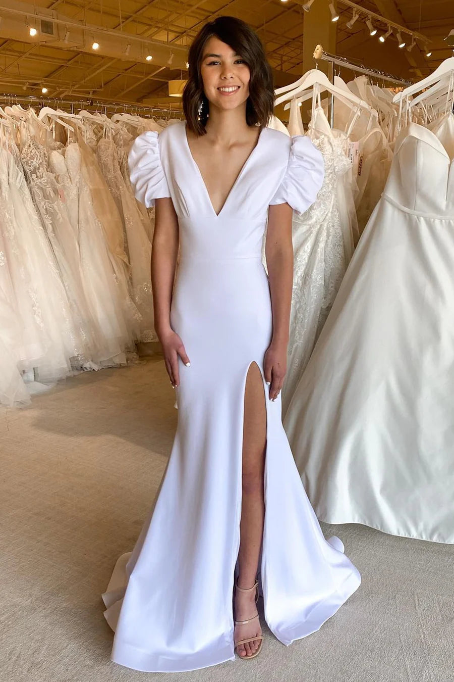 White Plunge V Cutout Back Mermaid Long Formal Dress