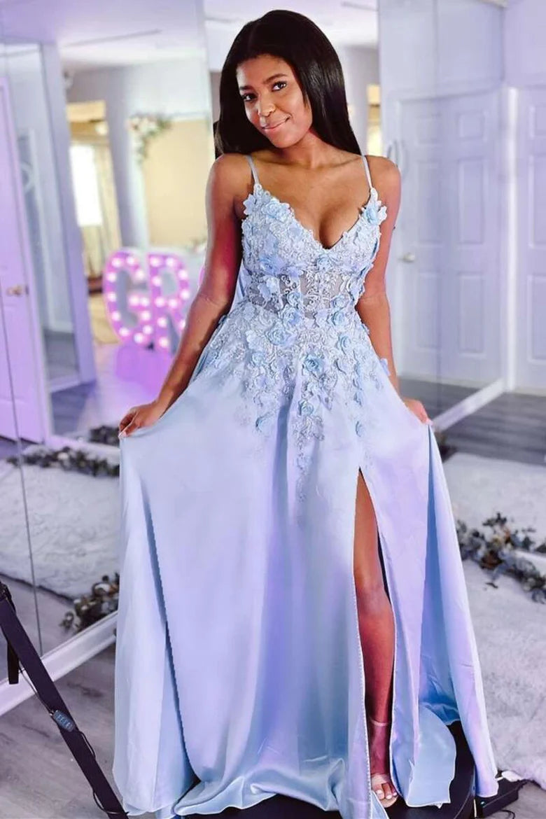 V-Neck Backless A-Line Prom Dress with 3D Flowers