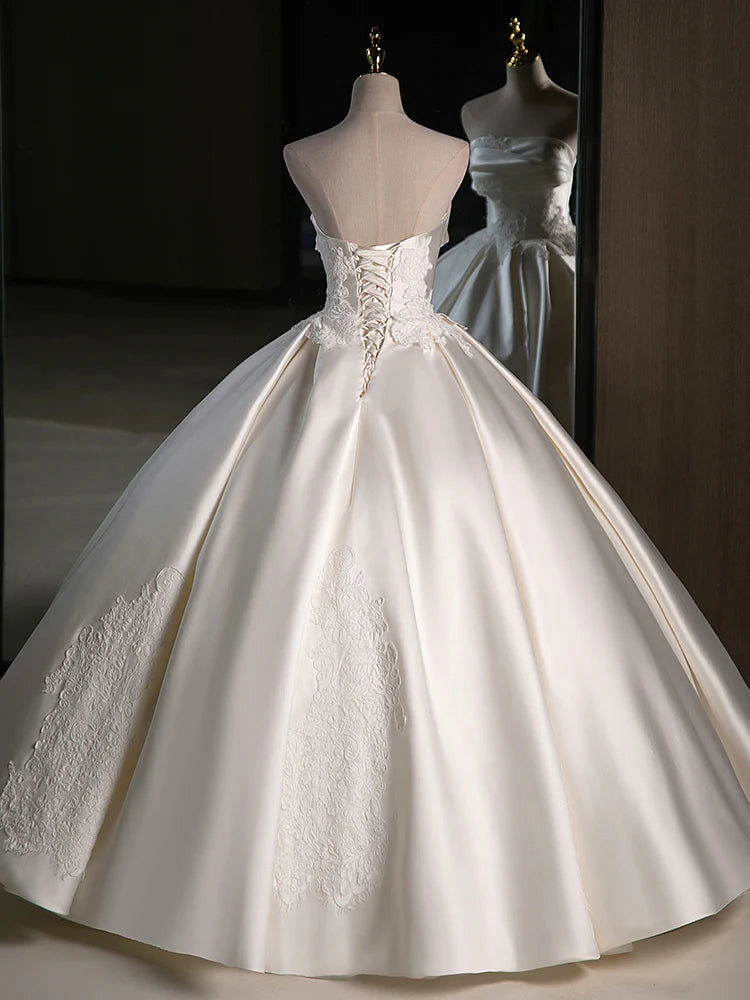 A-Line Satin Lace Ivory Long Wedding Dress