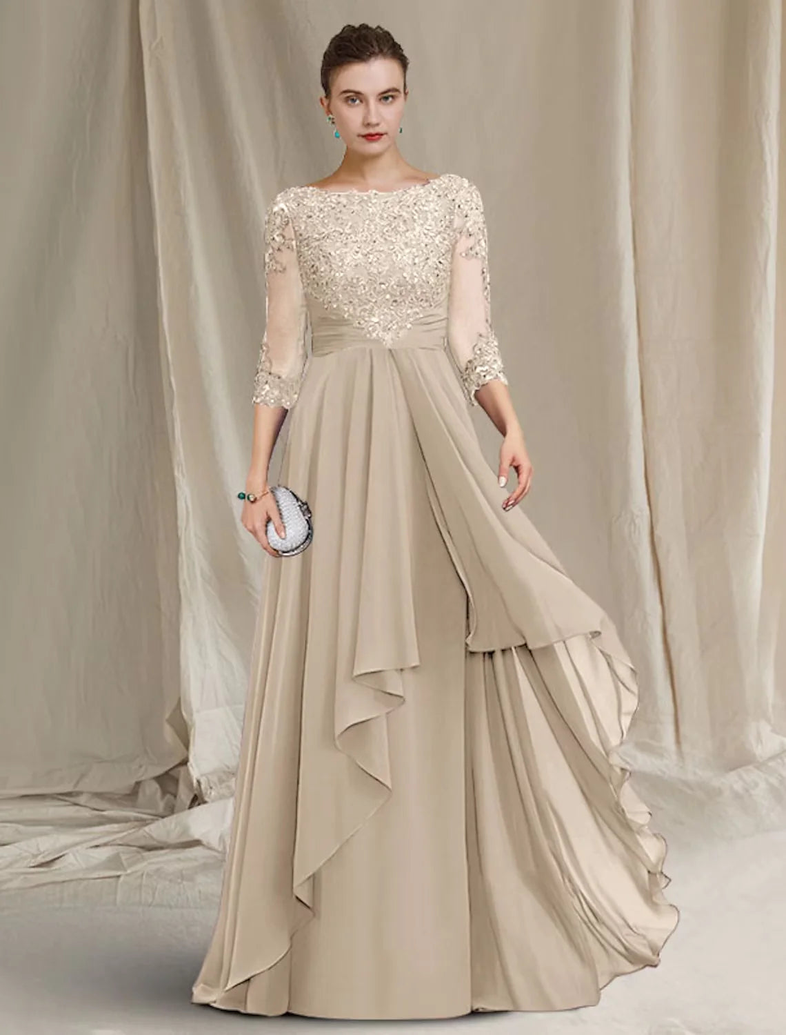 A-Line Mother of the Bride Dress Luxurious Elegant Jewel Neck Floor Length Chiffon Lace Sequined 3/4 Length Sleeve with Pleats Beading Appliques