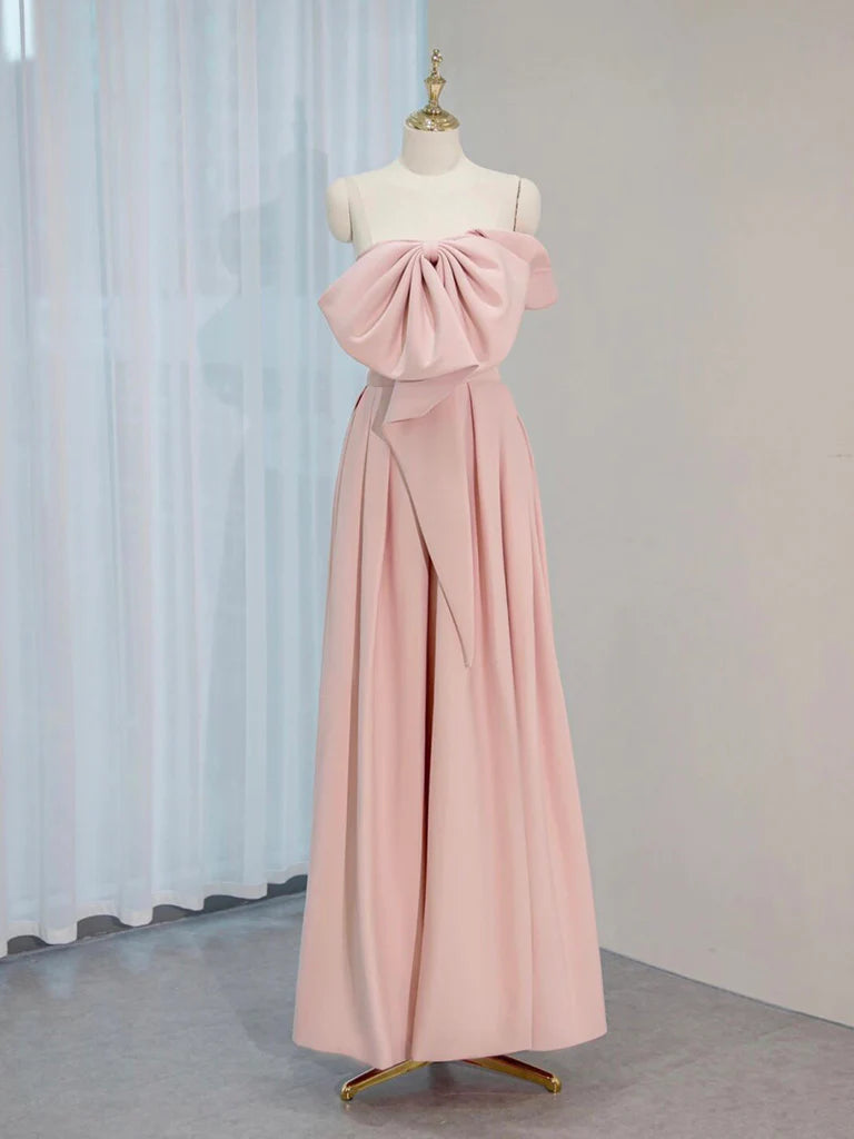 A-Line Satin Pink Long Prom Dress Pink Long Formal Dress