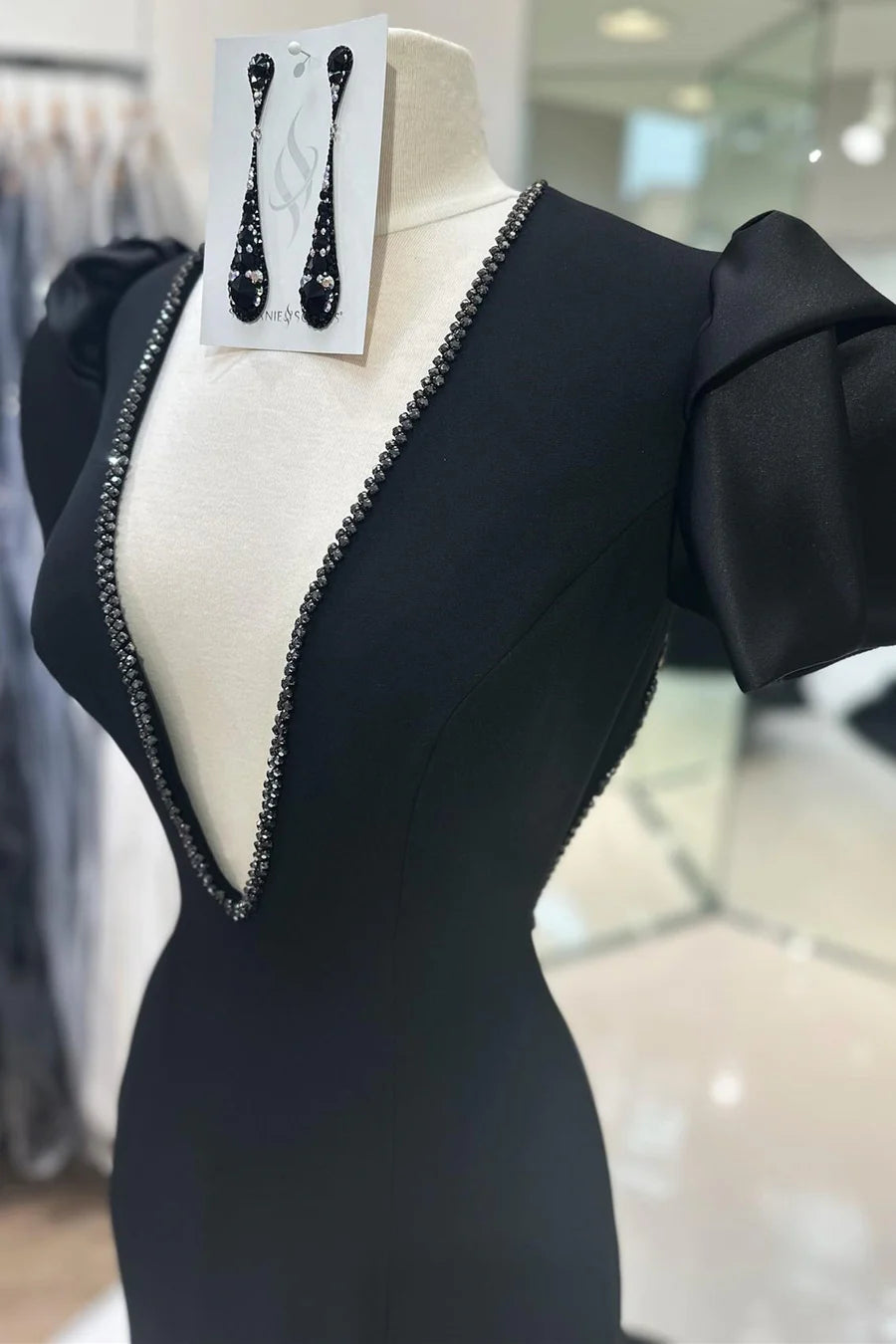 Beaded Plunge V Puff Sleeve Mermaid Long Prom Dress