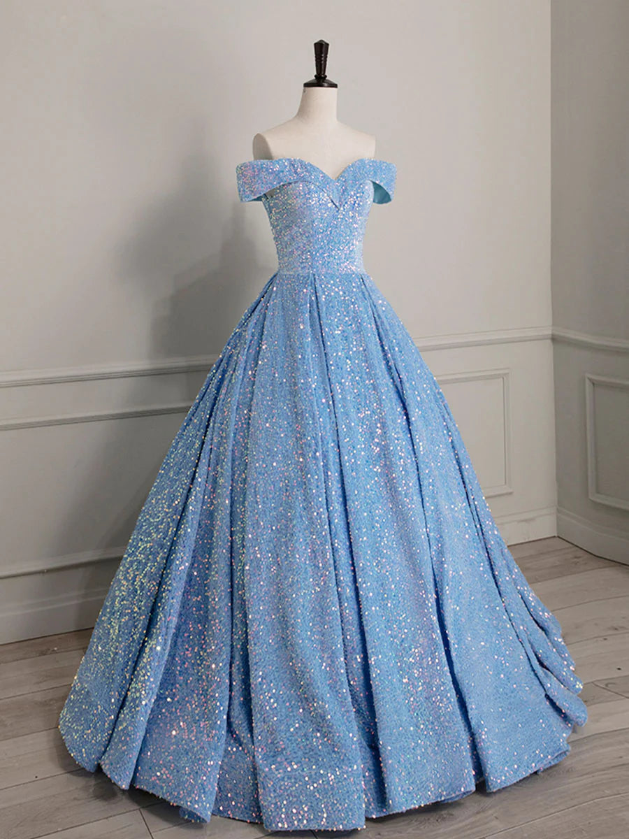 A-Line Sweetheart Neck Velvet Sequin Blue Long Prom Dress