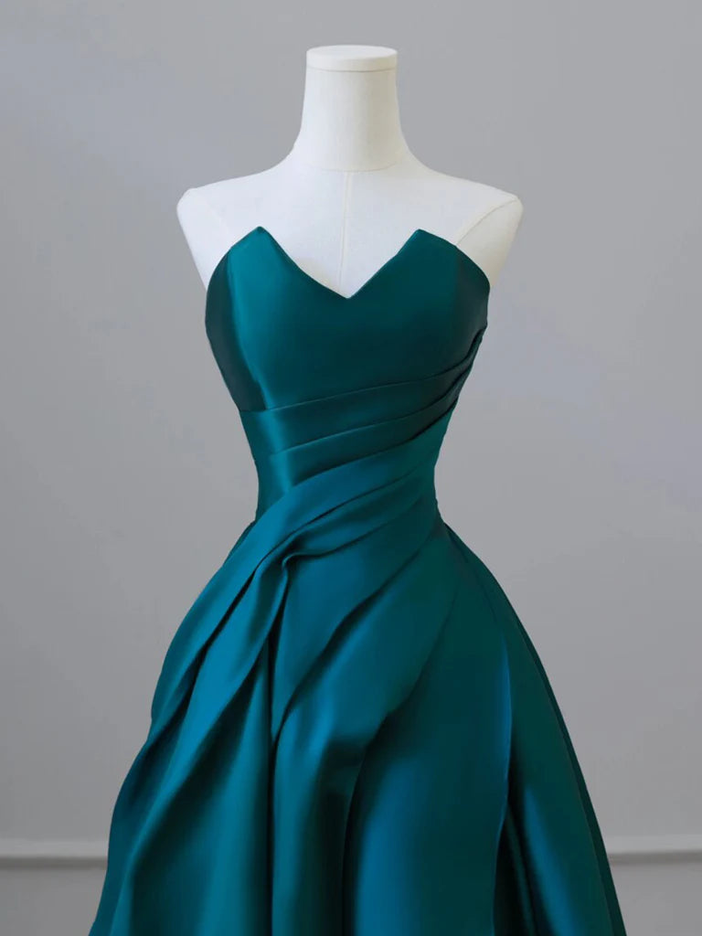 A-Line Strapless Satin Peacock Blue Long Prom Dress